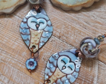 Owl Earrings * Artisan Enameled Owls * Artisan Lampwork * Blue & Brown * Barn Owls * Cute Hoots * Unique OOAK Earrings