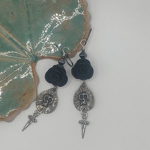 Skull Earrings * Dagger* Artisan Pewter Inviciti * Polymer Black Roses * OOAK jewelry