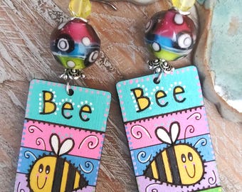 Bee Happy Earrings * Nicola Morse * Hand Painted Wood Pyrography * OOAK Boho Style Earrings * Great Gift Idea