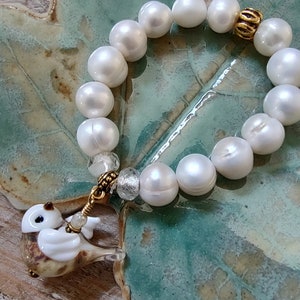 Genuine Pearl Stretch Bracelet * OOAK Lampwork Bird Bead * Wedding Jewelry* Boho Style Bracelet * Easy Roll On/Roll Off Bracelet