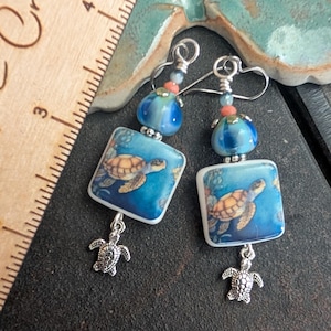 Artisan Ceramic Sea Turtle Earrings * Ocean Waves Lampwork * Vacation Vibes * Boho Style Earrings