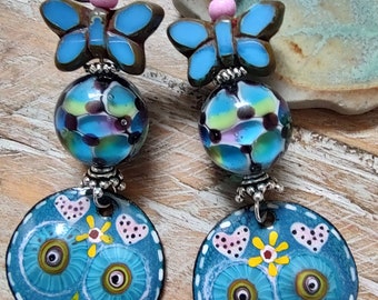 Pendientes de calavera de azúcar turquesa * Lampwork colorido * Calavera * Día de los Muertos * Joyería de Halloween * Pendientes estilo bohemio OOAK
