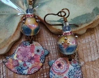 Bird Earrings * Artisan Enameled Charms * Artisan Lampwork Beads * Groovy Little Birds * Vintage Pattern * OOAK Earrings