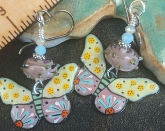 Pastel Enameled Butterfly Earrings * Lavender Lampwork *Artisan Crafted Earrings * OOAK Boho Style Earrings
