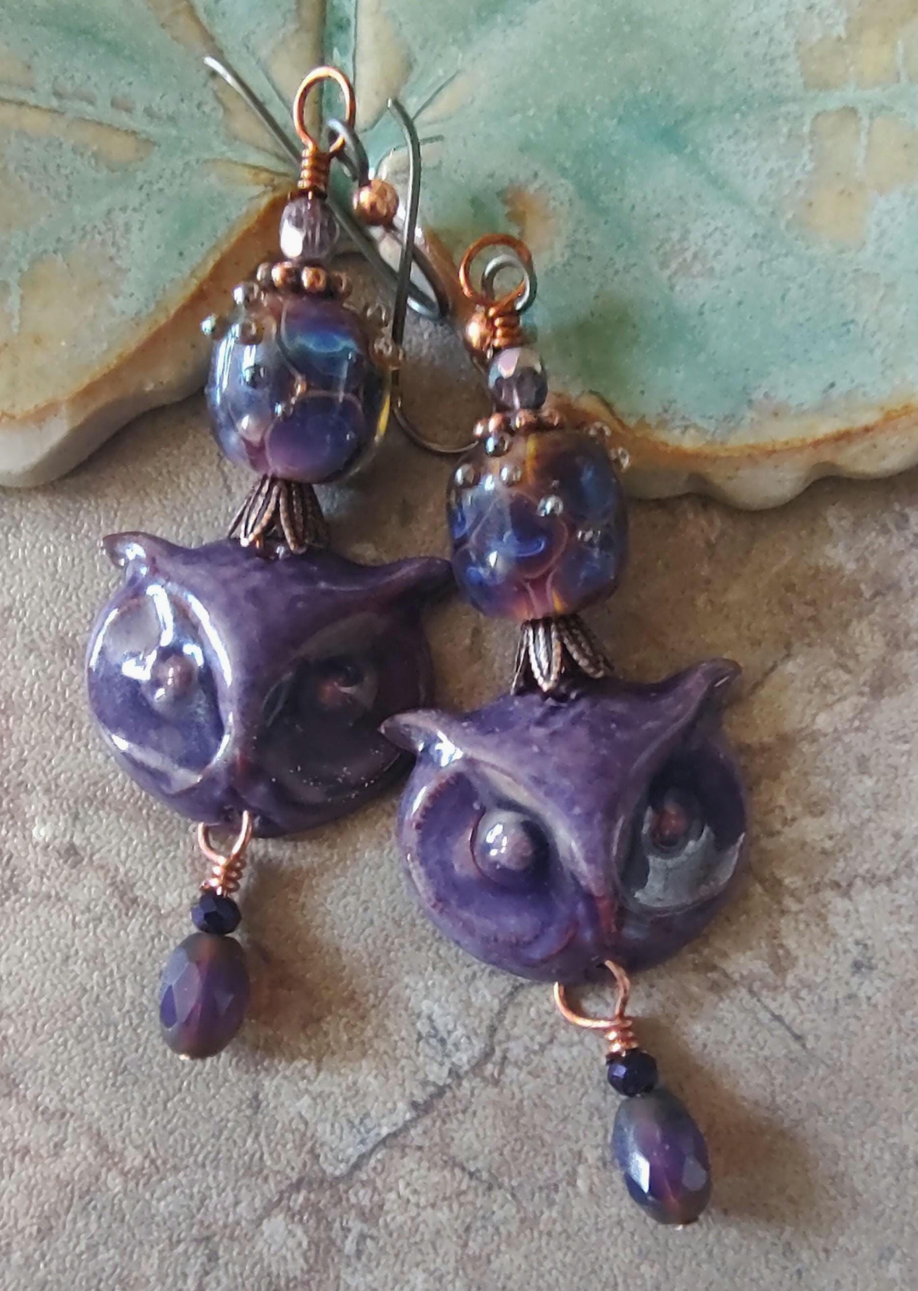 Dark Purple Owl Earrings * Enameled Earrings * Bohemian Style Earrings * OOAK Jewelry Gift Idea * Th