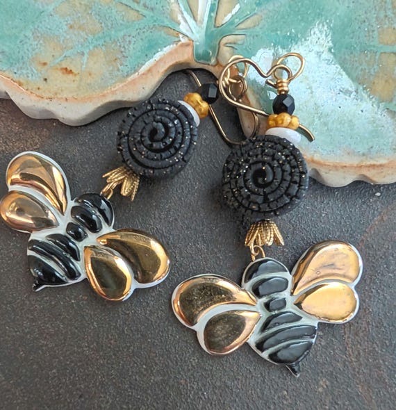 Porcelain Ceramic Bee Earrings * Bohemian Style Jewelry * Light Weight  Earrings * Bumble Bees * Honey Bees