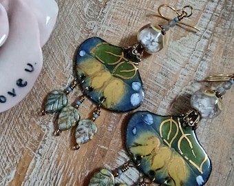 Artisan Enameled Earrings * Trio of Birdies * Artisan Lampwork * Labradorite Gemstone * Bird Lovers * Beautiful Blue OOAK Earrings