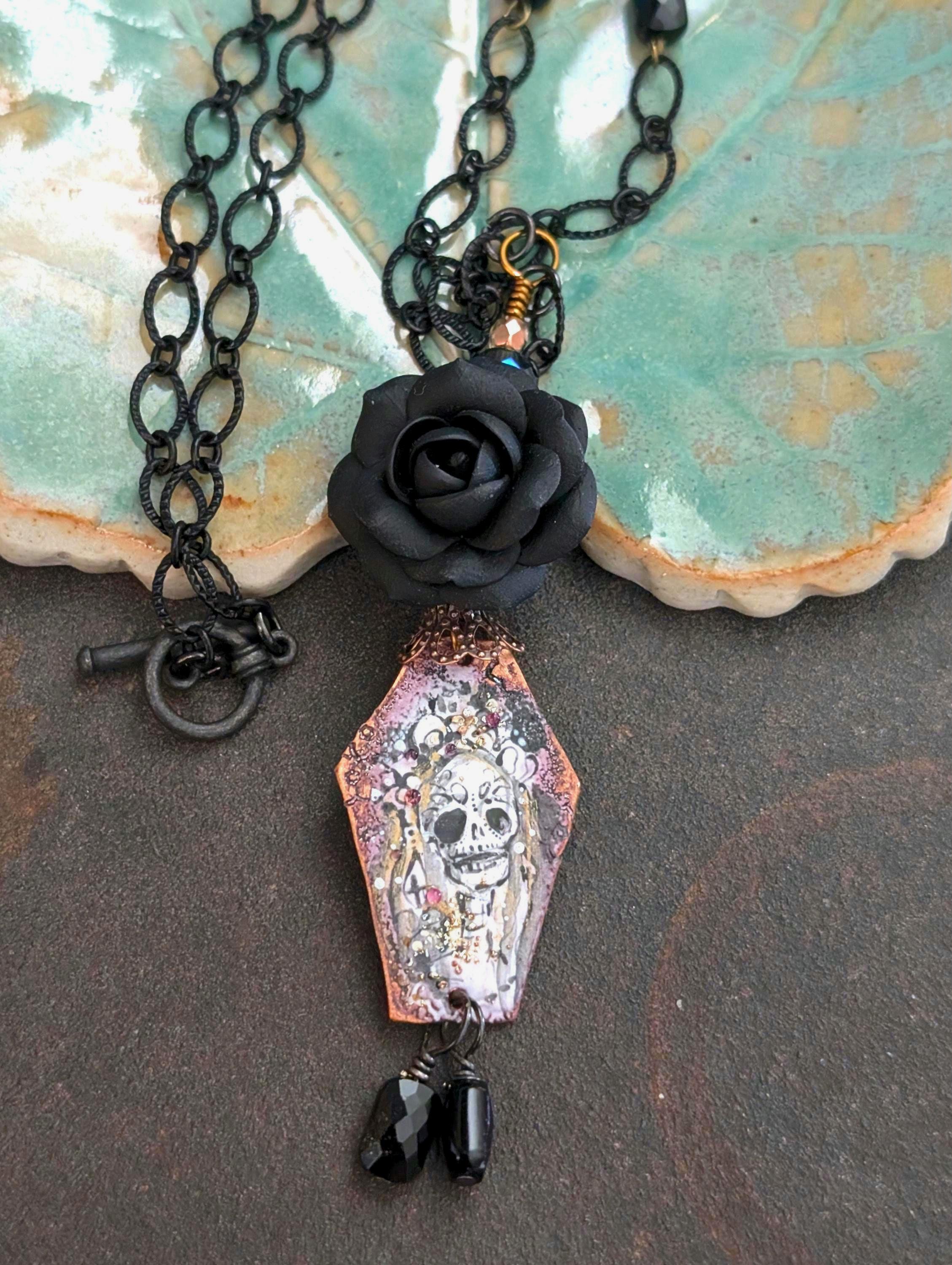 Enameled Skeleton Bride Coffin Pendant Necklace * Avant Garde 