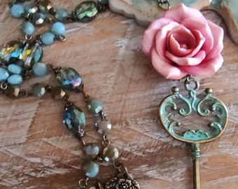 Patina Key Pendant Necklace * Shabby Chic * Artisan Polymer Rose * Feminine Floral Necklace