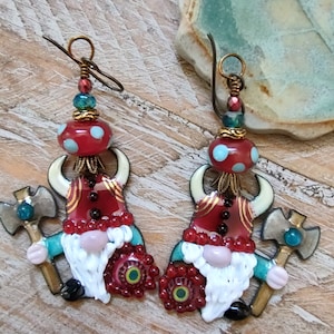 Viking Gnome Earrings * Artisan Lampwork * Hardworking * OOAK Boho Style Earrings