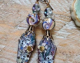 Enameled Coffin Earrings * Artisan Lampwork * Avant Garde * Skull Jewelry* OOAK Earrings