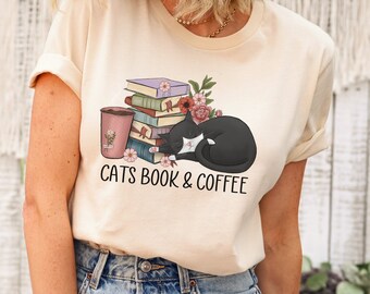 猫と本とコーヒーのシャツ、本好きのシャツ、猫好き、コーヒー好き、猫好きのシャツ、コーヒー好きのシャツ、本好き、本好き、猫のギフト