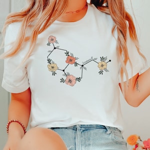 May include: White t-shirt with a floral graphic of a chemical structure labeled "serotonin".