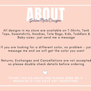 May include: A light pink graphic with the word "ABOUT" in large white letters. Below, the text reads "Golden Moth Designs". Additional text describes available products like t-shirts, hoodies, and tote bags. A heart graphic is at the bottom.
