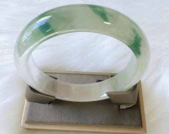 Green Burma Jade Bangle Bracelet, Unique Color Jadeite Bangle, Inner Diameter 58.4mm, Width 13.7mm