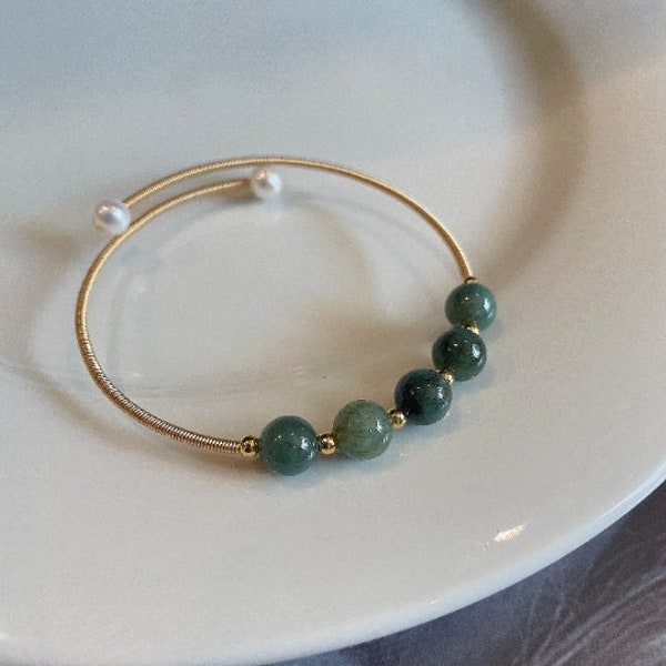 Dark Green Jade Bracelet Friendship Gift, Minimalist 14k Gold Filled Adjustable Jade Bangle, Natural Pearls Jade Bracelet