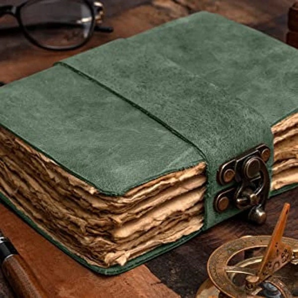 Handgemaakt vintage leren dagboek met slotdranger en 200 handgemaakte vintage navulbare papieren dagboeken met scheprand, gepersonaliseerde lederen geschenken