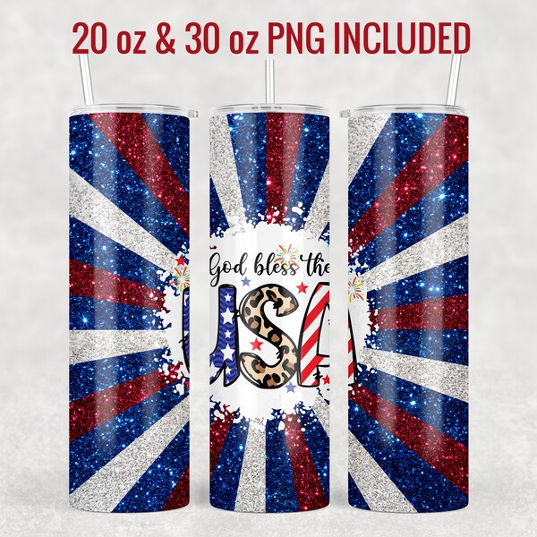 20 oz & 30 oz Tumbler Design 4th of July 20oz Skinny Tumbler Sublimation Designs God Bless The USA Red White Blue Flag Patriotic for - PNG