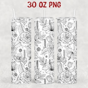 30 oz Skinny Tumbler Design Template Line art floral | 30oz Tumbler sublimation design | 30oz tumbler wrap | 30 oz tumbler png