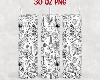 30 oz mager Tumbler ontwerpsjabloon lijntekeningen bloemen | 30oz Tumbler sublimatie ontwerp | 30oz bekerverpakking | 30 oz tuimelaar png