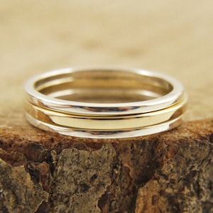 1.5mm and 1mm Square Solid Yellow and White Gold 10K Wedding Band Set, 10K Yellow -Rose-White Gold Square ,Wedding Band Solid Gold Set