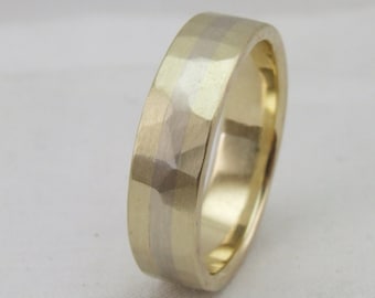 10k Gold Gelb-Weiß Gold Band, Gehämmertes Gold Ehering, Gold 10K Massivgold Ehering, 6mm Dickes Gold Band