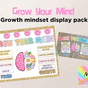 Pode incluir: Um pacote de exibição com o texto "Grow Your Mind" em rosa e azul. O pacote inclui um pôster com um gráfico de cérebro, afirmações positivas e uma versão menor. O design apresenta uma borda dourada com glitter e ícones de carinhas sorridentes.