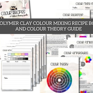 Könnte beinhalten: Ein Rezeptbuch zum Mischen von Farben für Polymer Clay und ein Leitfaden zur Farbtheorie. Das Buch enthält Farbmischtabellen, Farbfamilien und Farbtemperaturen. Der Umschlag zeigt ein Aquarelldesign mit Blumen.