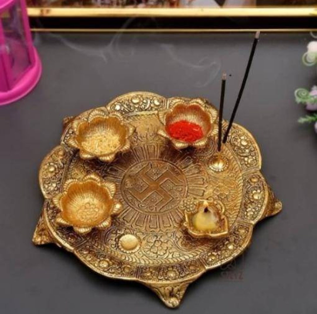 Pooja Thali With Diya Gold Plated for Home and Office Temple and Pooja ...