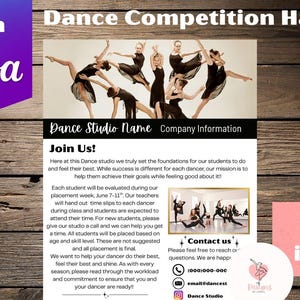 May include: A digital Dance Competition Handbook template featuring a header with dancers in black outfits, the text "Dance Competition Handbook," "Edit in Canva," and "9 pages included." The document includes sections for studio information, "Join Us!" text, and contact details.