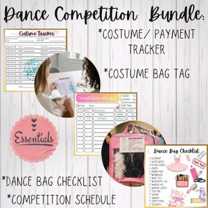May include: A dance competition bundle featuring a costume tracker, costume bag tag, dance bag checklist, and competition schedule. The checklist includes items like costumes, accessories, extra tights, and shoes. The bundle is designed with a pink and gold color scheme.
