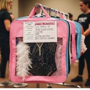 Puede incluir: Bolsa de ropa rosa con frente transparente, que contiene un leotardo de lentejuelas negro, una boa de plumas blancas y un letrero que dice "Lauren / The Dance Co" y "LOSE CONTROL / #17". Otras bolsas son visibles en el fondo.