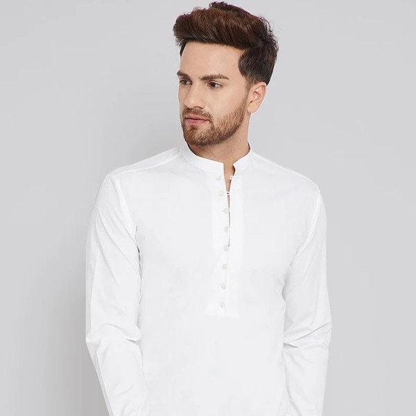 Indian Shirt Kurta Solid Shirt men Top Tunic White Color Short Kurta