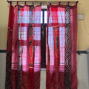 Jaipuridesigns Handmade Silk Sari Patchwork Curtain Panel – Boho Tab Top Drapes 83x41 | Indian Recycled Fabric Drapes