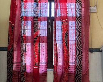 Jaipuridesigns Handmade Silk Sari Patchwork Curtain Panel – Boho Tab Top Drapes 83x41 | Indian Recycled Fabric Drapes
