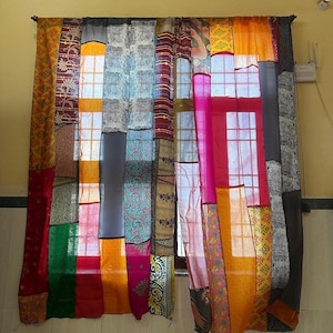 Handmade Silk Sari Patchwork Curtain Panel – Boho Tab Top Drapes 83x41 | Indian Recycled Fabric Tapestry Drapes by JaipuriDesigns