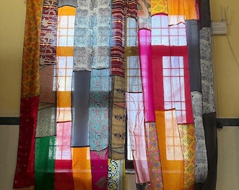 Handmade Silk Sari Patchwork Curtain Panel – Boho Tab Top Drapes 83x41 | Indian Recycled Fabric Tapestry Drapes by JaipuriDesigns