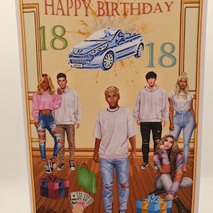 Könnte beinhalten: Glückwunschkarte zum 18. Geburtstag mit einem blauen Cabrio, einer Gruppe von Freunden und Geschenken. Die Karte hat einen gelben Hintergrund mit einem goldenen Rahmen.