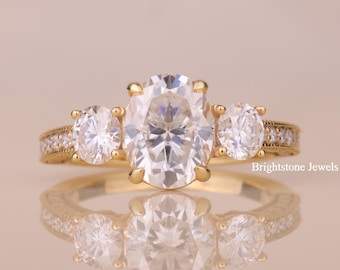 2 CT Oval Moissanite Engagement Ring, Solid Gold Three Stone Milgrain Bridal Ring, Promise Ring, Anniversary Gift for Her