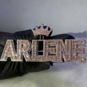 Pingente personalizado com nome ARLENE e coroa, pingente de moissanita baguette de 12 quilates, prata 925, banhado a ouro 14k, aprovado por testador de diamantes