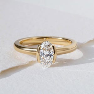 1.20 CT Oval Cut Moissanite Engagement Ring, Half Bezel Set Solitaire Gold Ring, Modern Minimalist Ring, Dainty Promise Ring Gift for Her