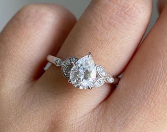 1.25Ct Pear Cut Moissanite Engagement Ring, Leaf Design Shank, Nature Inspired Promise Ring, Unique Moissanite Ring for Women