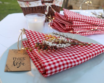 Red Gingham Linen Napkins, Farmhouse Table Decor