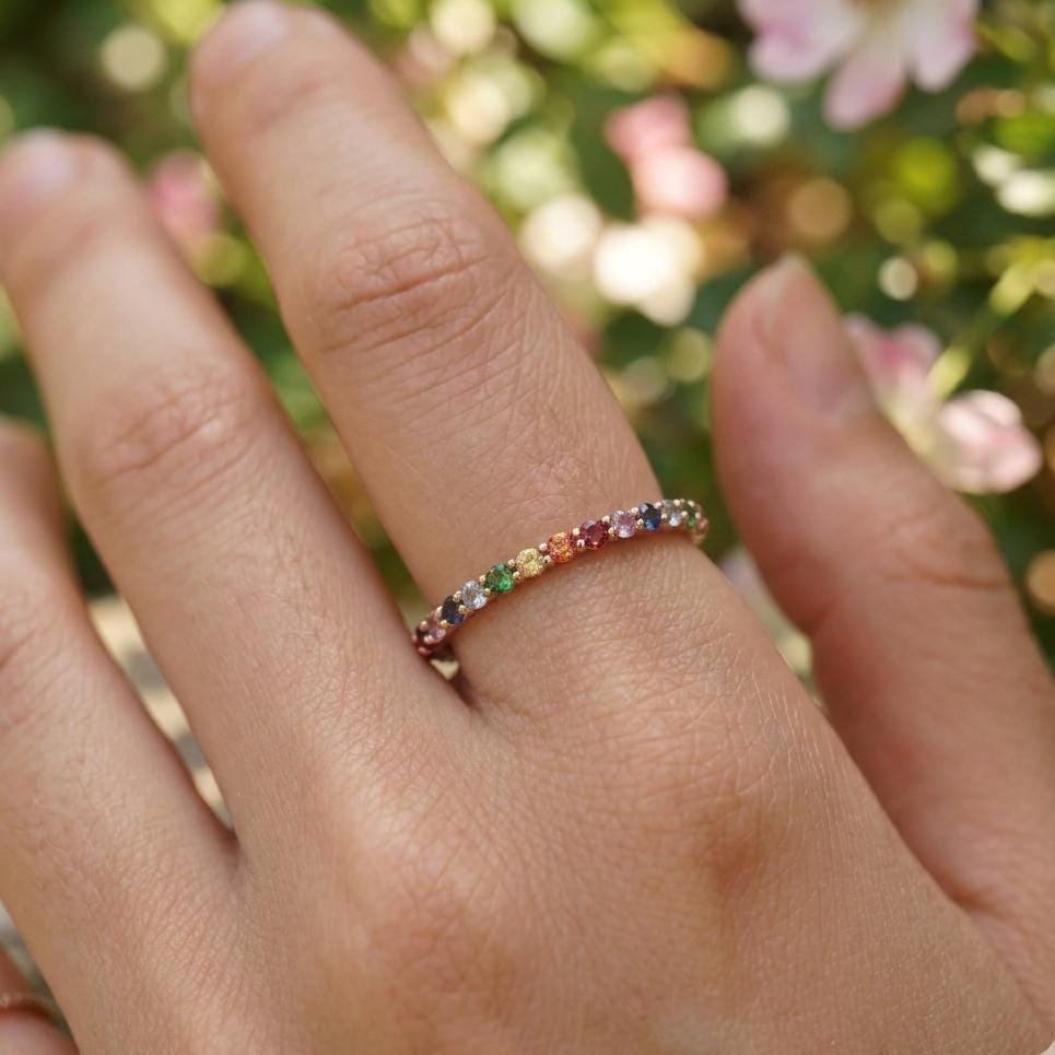 14K Solid Gold Rainbow Sapphire Eternity Ring, Stacking Band, Natural Multi-Colored Stones