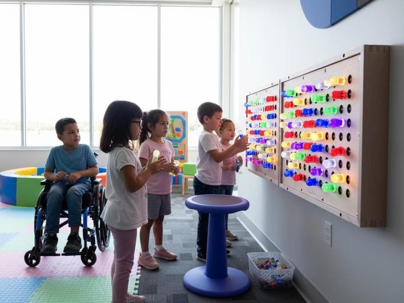 May include: A wall-mounted light board featuring a grid of circular holes filled with translucent, multicolored plastic pegs that glow in shades of red, blue, green, and yellow. The wooden-framed sensory board is mounted on a white wall.