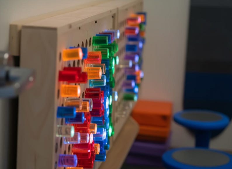 May include: A light-colored wooden sensory wall panel featuring a grid of numerous translucent, cylindrical pegs in vibrant shades of red, orange, blue, and green. The pegs are arranged in rows and columns, creating a colorful, tactile display.