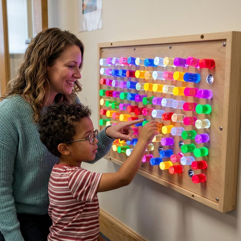 May include: A wall-mounted light board featuring a rectangular wooden frame and a grid of numerous cylindrical, translucent pegs in various colors including red, blue, green, yellow, and pink that illuminate from within the board surface.