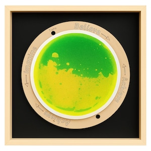 May include: A wooden framed educational toy with a black background. The center features a circular design with green and yellow colours, and the words "Imagine", "Believe", and "Achieve" are printed on the wooden frame.