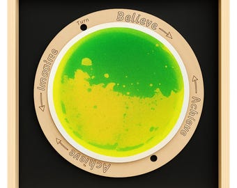 May include: A wooden framed educational toy with a black background. The center features a circular design with green and yellow colors, and the words "Imagine", "Believe", and "Achieve" are printed on the wooden frame.
