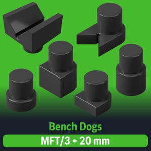 Könnte beinhalten: Ein Satz mit sechs schwarzen Werkbankhunden, darunter ein T-förmiger Hund, ein quadratischer Hund und vier runde Hunde. Die Hunde sind aus Kunststoff und dazu bestimmt, Holz während der Bearbeitung festzuhalten. Der Text "MFT/3 - 20 mm" ist unten im Bild aufgedruckt.